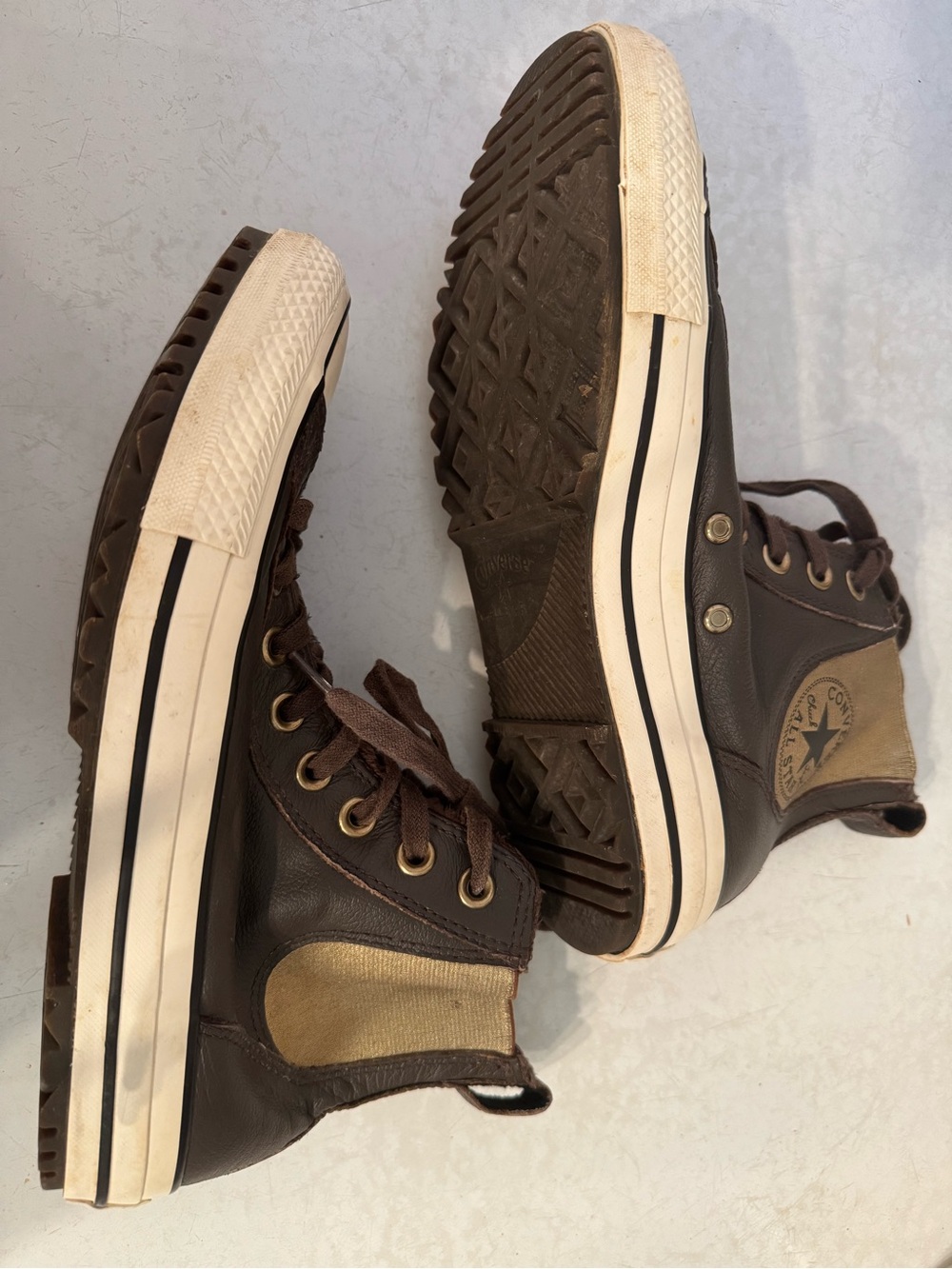 Chuck Taylor Leather Converse Brown High-Top Sneakers with White Toe Caps - Picture 6 of 10